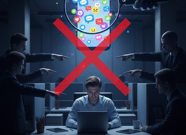 Ilustrasi seorang karyawan yang duduk gelisah di depan meja kerja, sementara bayangan raksasa berbentuk kaca pembesar mengintai dari balik layar ponselnya, melambangkan matinya ruang privat akibat pengawasan kantor yang berlebihan.