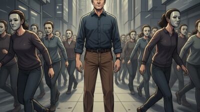 Seorang pria berdiri sendirian di tengah kerumunan orang yang berjalan berlawanan arah; simbol keteguhan prinsip di tengah arus kepalsuan.