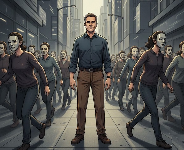 Seorang pria berdiri sendirian di tengah kerumunan orang yang berjalan berlawanan arah; simbol keteguhan prinsip di tengah arus kepalsuan.