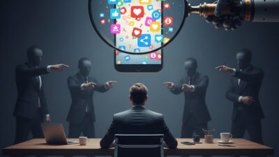 Ilustrasi seorang karyawan yang terbelenggu di meja kerja sementara layar smartphone raksasa mengawasinya melalui kaca pembesar, melambangkan matinya ruang privat akibat pengawasan kantor yang berlebihan.