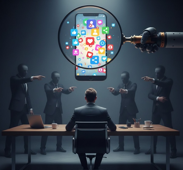 Ilustrasi seorang karyawan yang terbelenggu di meja kerja sementara layar smartphone raksasa mengawasinya melalui kaca pembesar, melambangkan matinya ruang privat akibat pengawasan kantor yang berlebihan.